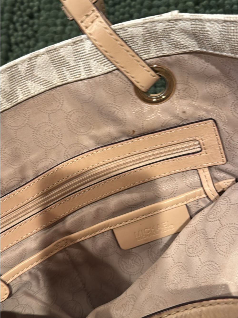 Michael Kors Cream MK Monogram Tote with Tan Trim and Gold Charm - Picture 5 of 6
